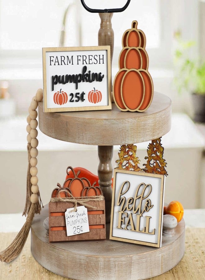 DAZONGE Fall Decor, 5PCS Fall Decorations for Home, Hello Sign, Stacked Pumpkin, Farm Fresh, Pumpkin Crate, Bead Garland, Rustic Tiered Tray Decor - Image 1